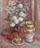 Still life of flowers in a vase with a teapot by Piotr Ivanovich Petrovichev, Oil on canvas, sold Mar 2016