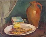 Still life of fish on a plate and a large jug Signed Oil on by Alexandre Auffray, Oil on canvas, offered Mar 2016