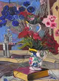 Still life of flowers in a vase on a book Oil on canvas 66 x 50.5cm; 26 x 20in ++Unlined, small area of lifting lower left corner otherwise good condition by Stanley Reginald Wilson, Oil on canvas, sold Mar 2016