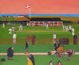 Cricket match by the sea Signed and dated 80 Oil on canvas laid on board 50 x 60cm; 19½ x 23½in ++One or two small spots of paint separation, good condition by Michael Lewis, Oil on canvas laid on board, offered Mar 2016