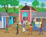 Entrance to the chapel Signed and inscribed Cap-Haitien Oil on board 61 x 76cm; 24 x 30in ++A few light scuffs and abrasions, otherwise good condition by Guy Joachim, Oil on board, offered Mar 2016