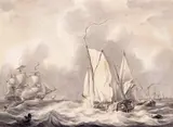 Shipping in a squall off the Dutch coast Signed Grisaille by Martinus Schouman, watercolour, offered Mar 2016