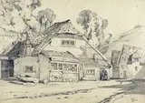 Village scene Signed with initials Pencil on grey paper by John Callow, Pencil on grey paper, unframed, sold Mar 2016