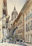 Calle Mayor, Fuentaribte Signed and titled Watercolour on buff paper 38 x 27cm; 15 x 10½in ++Good condition by Arthur Cecil Fare, Watercolour on buff paper, offered Mar 2016