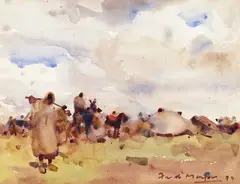 An encampment Signed and dated 99 Watercolour, mounted, unframed 17 x 22.5cm; 6¾ x 9in ++Good condition by Fred Mayor, Watercolour, mounted, unframed, sold Mar 2016