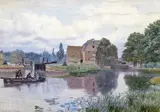 Fishermen by a mill Signed Watercolour 26.5 x 38cm; 10½ x 15in ++A large fox mark and a little light staining in sky by George Gordon Fraser, Watercolour, sold Mar 2016