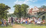 The Garden Party Signed and dated 1867 Watercolour and bodycolour 35.5 x 57cm; 14 x 22½in Provenance: Cutler Galleries, Bournemouth, 1988 ++Good condition by John Edmund Buckley, 1867, Watercolour and bodycolour, sold Mar 2016