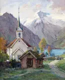 A mountain scene with a chapel by a lake Signed Watercolour by Alfred Heaton Cooper, Watercolour, unframed, sold Mar 2016