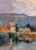 A mill in a hilly landscape, a castle beyond Signed Watercolour 58 x 42.5cm; 22¾ x 16½in ++Good condition by Louis Burleigh Bruhl, Watercolour, offered Mar 2016