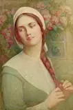 The Quaker girl Watercolour, unframed 55 x 37cm; 21½ x 14½in ++Stuck down on board, sone scattered areas of paint loss, scuffs and abrasions, some fading by Walter Herbert Allcott, Watercolour, unframed, sold Mar 2016