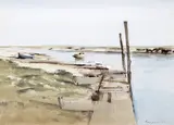 Low tide the tail of the creek Blakeney by Phillip Gardner, watercolour, offered Mar 2016