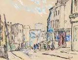 A town scene Signed Coloured chalks on buff paper, mounted, unframed 20.5 x 26.5cm; 8 x 10½in ++Good condition by Walter Durac Barnett, drawing, sold Mar 2016