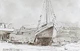 Boats on a dry dock Signed, inscribed and dated 1968 Pen by Adrian Maurice Daintrey, 1968, Pen, ink and wash, sold Mar 2016