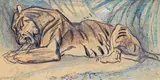 A tiger eating, c.1948 Signed Pen by Elsie Marion Henderson, Pen, ink, watercolour and chalk over pencil on buff paper, sold Mar 2016