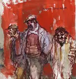 Study of workmen Signed Pen by Roland Batchelor, Pen, ink and watercolour, mounted, unframed, sold Mar 2016