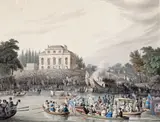 Surry’ Shore Aquatint 30 x 28.5cm; 12 x 15¼in With an aquatint of the arrival of the Watermen at Brandenburgh House 1820 (2) by Henry Pyall, Aquatint, sold Mar 2016