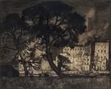 Trees and factory by Frank Brangwyn, Etching, sold Mar 2016