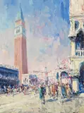 Crowds in Piazza San Marco Signed Oil on panel 40 x 30cm ++Some rubbing to margins, a few specks of white in sky, possibly bloom or rubbing, generally good by Luigi Pagan, Oil on panel, sold Dec 2015