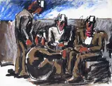 Workmen resting Thought to be signed and inscribed verso Mixed media 19 x 24.5cm by Josef Herman, Mixed media, sold Dec 2015