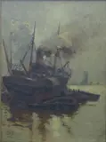 Unloading at port by Charles John De Lacy, oil on canvas, sold Oct 2013