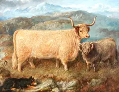 Gheal Chasach, prize highland cow, depicted with her calf by Gourlay Steell, oil on canvas, sold May 2013
