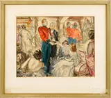 illustration of figures at a party by Henry Patrick Raleigh, mixed media, sold Oct 2019