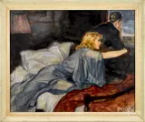 illustration of an interior scene with a man and woman by John La Gatta, mixed media, sold Oct 2019