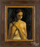 of a girl combing her hair by Moses Soyer, oil on canvas, sold Oct 2019