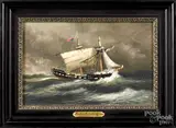 on paperboard of a ship in rough seas by Xanthus Russell Smith, oil, sold Oct 2019