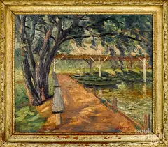 of lakeside rowboats under a pavilion by John E. Berninger, oil on artist board, sold Oct 2019
