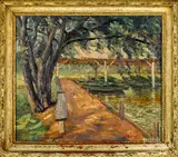 of lakeside rowboats under a pavilion by John E. Berninger, oil on artist board, sold Oct 2019