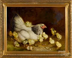 of hen and chicks by Ben Austrian, oil on canvas, sold Oct 2019