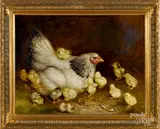 of hen and chicks by Ben Austrian, oil on canvas, sold Oct 2019