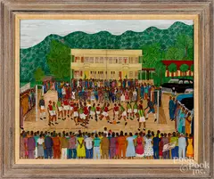of crowds watching a soccer match by Philomé Obin, oil on board, sold Oct 2019