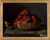 still life with cherries and a bird by Laura Amanda Ameseder-Rohrwasser, oil on canvas, sold Oct 2019