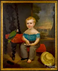 portrait of boy with a plate of fruit and a parrot by Osbert B. Loomis, oil on canvas, sold Oct 2019