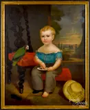 portrait of boy with a plate of fruit and a parrot by Osbert B. Loomis, oil on canvas, sold Oct 2019