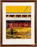 illustration of a man fishing with a passenger train in the background by John McDermott, mixed media, offered Sep 2019
