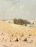 Hay Stooks, Sussex by Arthur Streeton, c.1898, oil on wood panel, sold Apr 2011