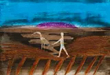 Figure And Bird In Landscape by Sidney Nolan, oil and crayon on paper on composition board, sold Apr 2011