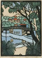 Mosman Bridge by Margaret Preston, c.1927, hand-coloured woodcut, sold Apr 2011