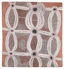 Dingo Puppies (Nyunmanu) by Mick Namarari Tjapaltjarri, 1972, synthetic polymer powder paint on composition board, sold May 2011