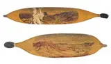 (i) GHOST GUM (ii) MACDONNELL RANGES by Albert Namatjira, watercolour over pencil on hardwood, each with a wooden peg attached with sinew and a spinifex resin handle, sold May 2011