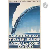 Compagnie Nord Wagons-lits et cie P.L.M - Le nouveau train bleu, 1928 Chromolithographie. Non entoilée. Imp. «La Frégate» T. Burnand & Girardet, Paris by Pierre Zenobel, Affiche reproduite page, sold Oct 2023