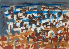 Plage animée by René Quéré, Gouache sur carton, sold Oct 2023