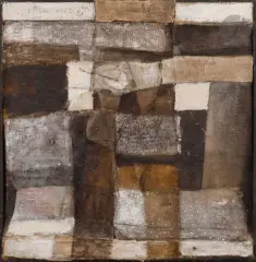 Composition by Pierre Souchaud, 1967, Technique mixte et collages de bandes tissées sur panneau, sold Oct 2023