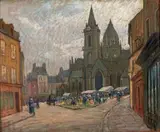 Marché devant l'église, Cotentin (?) by Maurice Pigeon, Pastel, sold Dec 2014