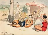 Deauville, sur la plage by Pierre Olivier Dubaut, 1928, Aquarelle sur traits de crayon, sold Oct 2014