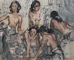 Femme de Bali by Jean Le Mayeur, Aquarelle et rehauts de gouache sur papier marouflé sur toile, sold Oct 2013