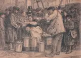 La soupe populaire by Théophile Steinlen, Fusain, rehauts de sanguine et de blanc, sold Oct 2013
